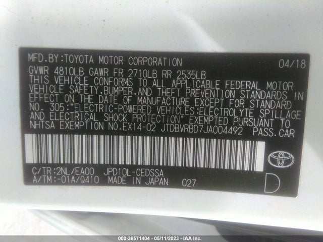 2018 Toyota Mirai, VIN: JTDBVRBD7JA004492