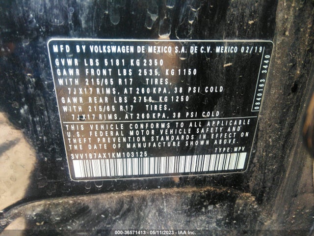 3VV1B7AX1KM103125 Volkswagen TIGUAN S