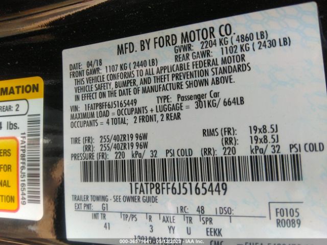 1FATP8FF6J5165449 Ford Mustang Gt Premium
