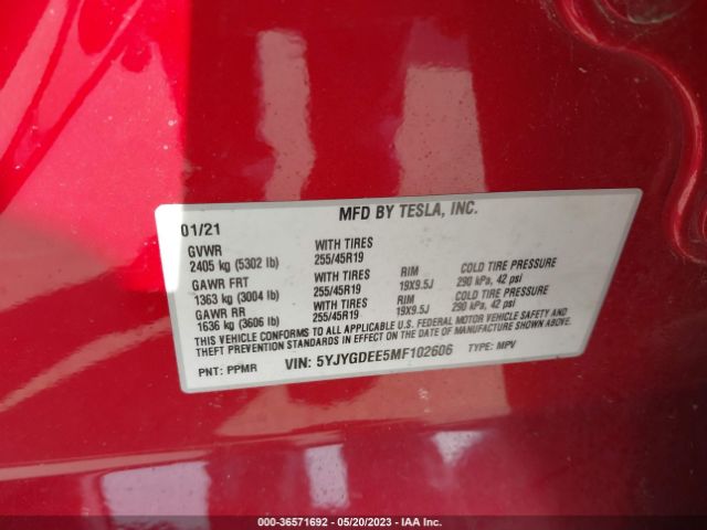 5YJYGDEE5MF102606 Tesla Model Y Long Range