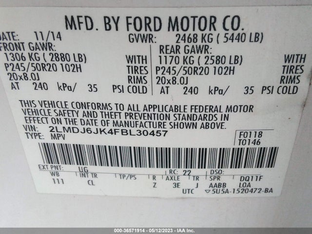 2015 Lincoln MKX, VIN: 2LMDJ6JK4FBL30457