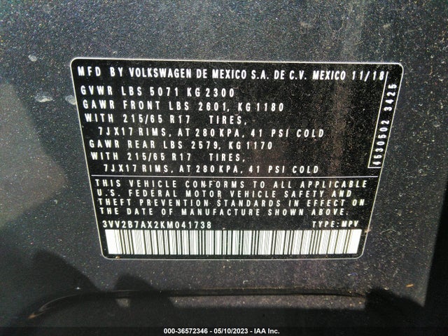 3VV2B7AX2KM041738 Volkswagen Tiguan Se/sel/sel R-line
