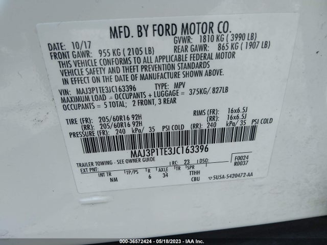 2018 FORD ECOSPORT SE VIN: MAJ3P1TE3JC163396