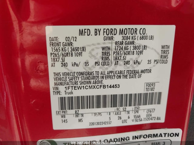 2012 FORD F-150 XL/XLT VIN: 1FTEW1CMXCFB14453