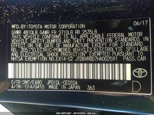 Toyota Mirai 2017 JTDBVRBD7HA002591 Image 9