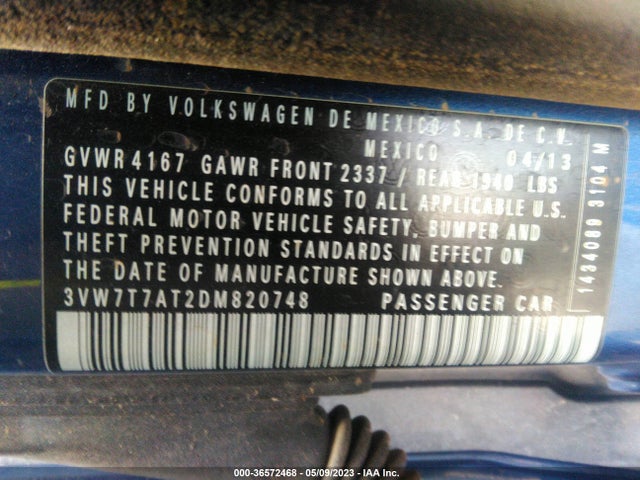 2013 VOLKSWAGEN BEETLE CONVERTIBLE 2.0T VIN: 3VW7T7AT2DM820748
