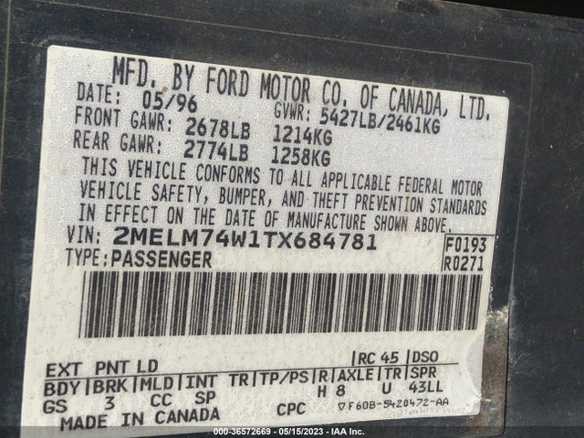 1996 MERCURY GRAND MARQUIS GS VIN: 2MELM74W1TX684781