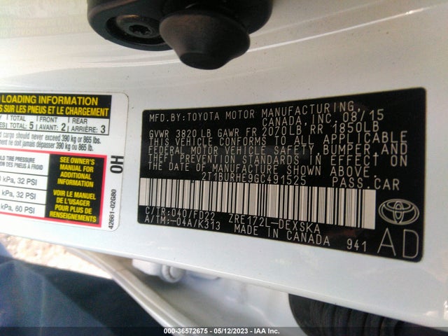 2016 TOYOTA COROLLA L/LE/S/S PLUS/LE PLUS VIN: 2T1BURHE9GC491525