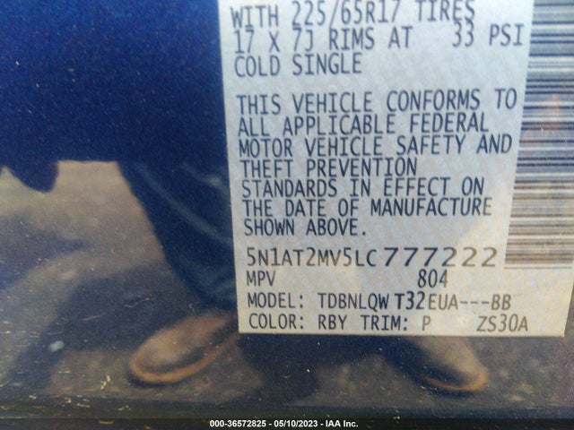 2020 NISSAN ROGUE SV VIN: 5N1AT2MV5LC777222