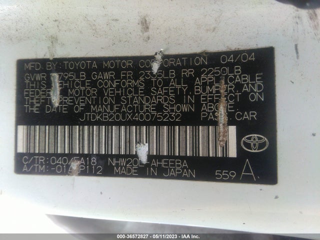 2004 TOYOTA PRIUS VIN: JTDKB20UX40075232