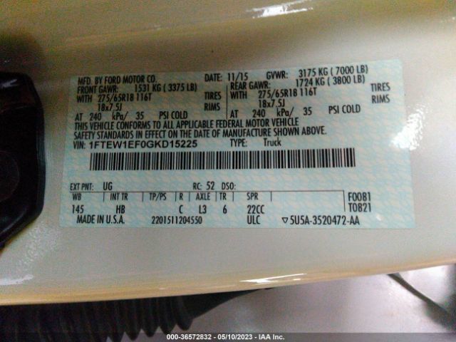 1FTEW1EF0GKD15225 Ford F-150 Xlt/xl/lariat/platinum