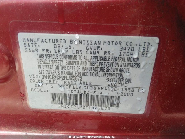 2015 NISSAN VERSA NOTE S/S PLUS/SV/SR/SL VIN: 3N1CE2CP2FL425673