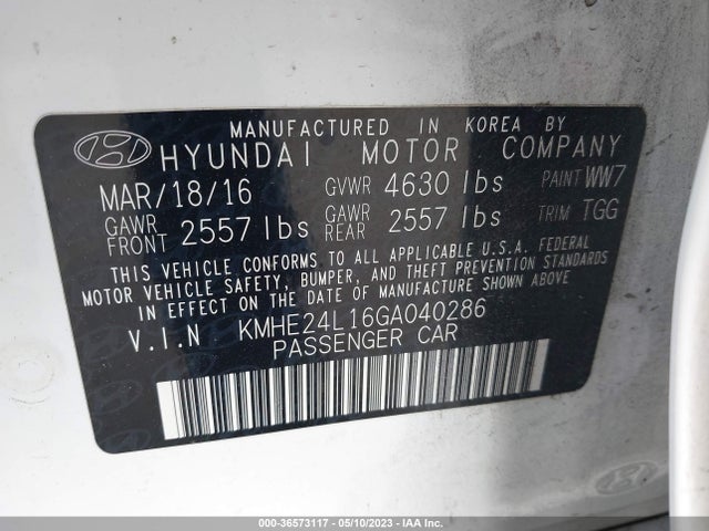 2016 HYUNDAI SONATA HYBRID SE VIN: KMHE24L16GA040286
