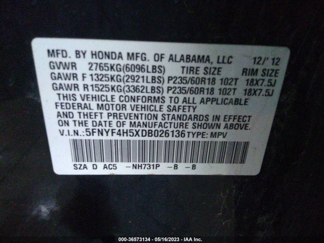 2013 HONDA PILOT EX-L VIN: 5FNYF4H5XDB026136