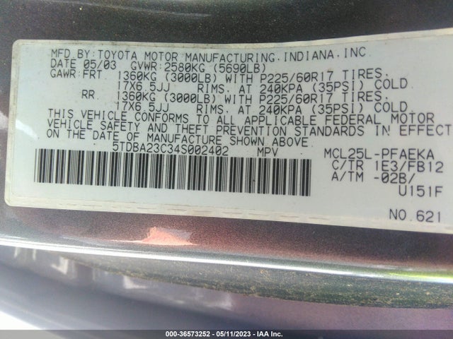 2004 TOYOTA SIENNA LE VIN: 5TDBA23C34S002402