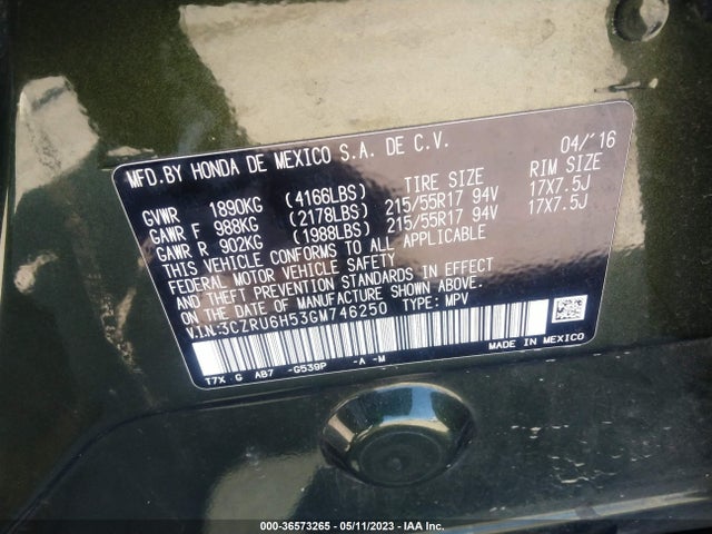 Honda HR-V EX 2016 3CZRU6H53GM746250 Image 10