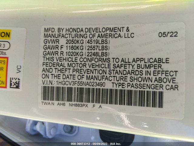 2022 HONDA ACCORD HYBRID EX-L VIN: 1HGCV3F55NA023490