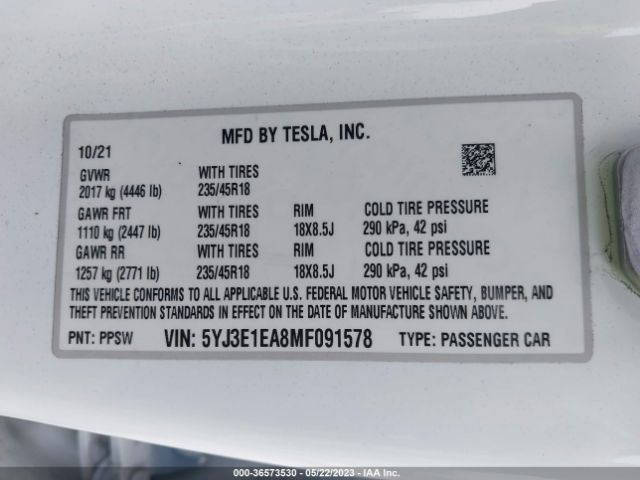 5YJ3E1EA8MF091578 Tesla Model 3 Standard Range Plus