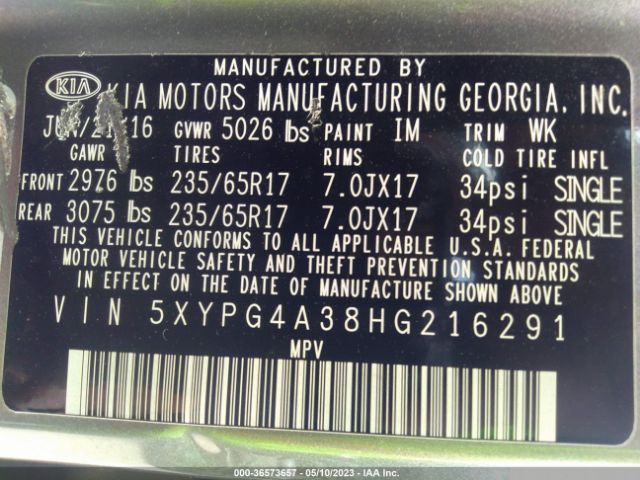 5XYPG4A38HG216291 KIA SORENTO LX
