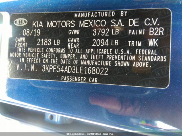 3KPF54AD3LE168022 KIA FORTE EX