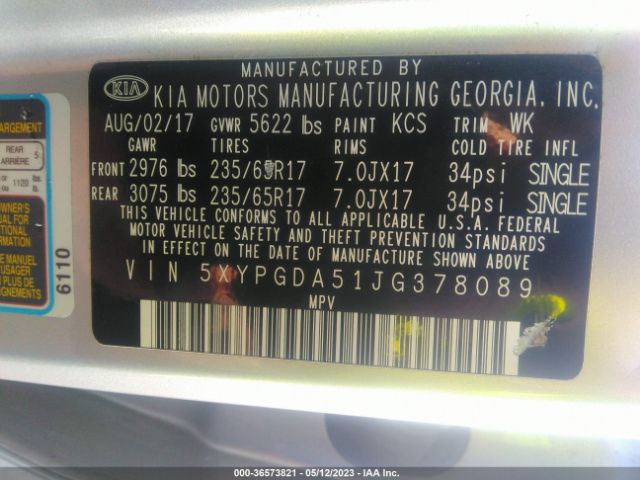 5XYPGDA51JG378089 KIA Sorento Lx V6