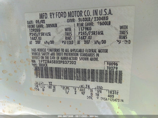 2002 FORD RANGER XL FLEET/XLT VIN: 1FTZR45E02PB37202