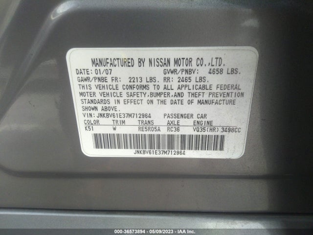 2007 INFINITI G35 SEDAN SPORT VIN: JNKBV61E37M712964