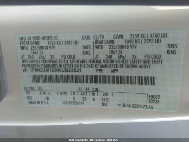 1FMCU9HDXKUB23521 Ford ESCAPE SEL
