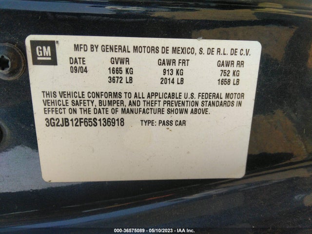 2005 PONTIAC SUNFIRE VIN: 3G2JB12F65S136918