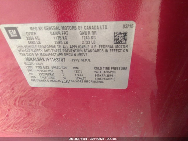 Chevrolet EQUINOX LT 2015 2GNALBEK7F1153707 Image 10