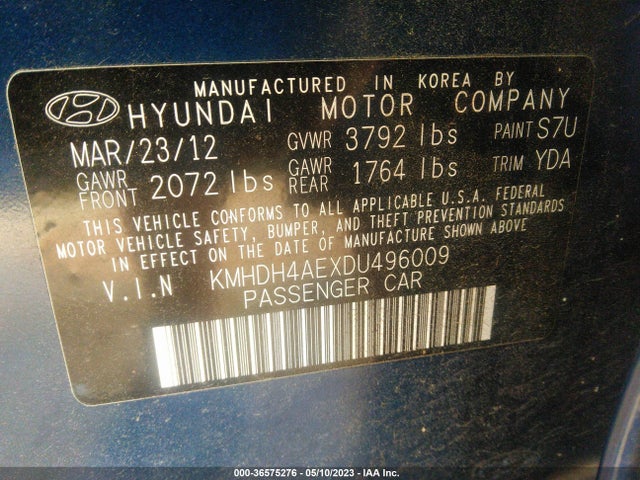 2013 HYUNDAI ELANTRA GLS VIN: KMHDH4AEXDU496009