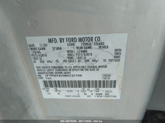 2008 FORD F-150 XLT/FX4/LARIAT VIN: 1FTPW14V08KC21154