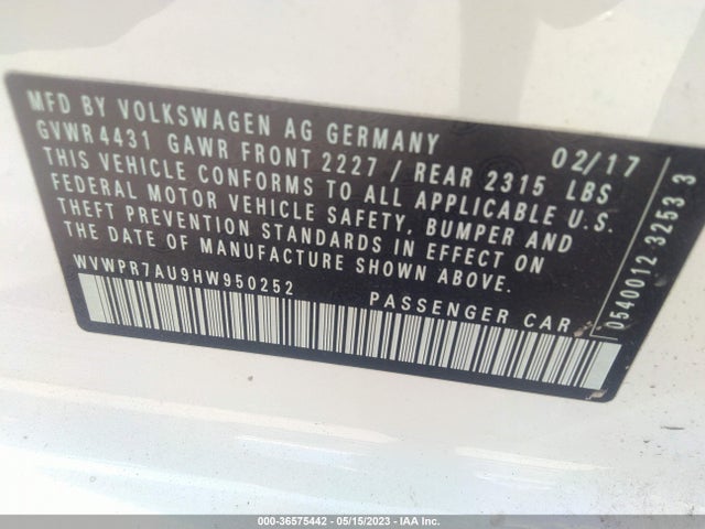 2017 Volkswagen Golf, VIN: WVWPR7AU9HW950252
