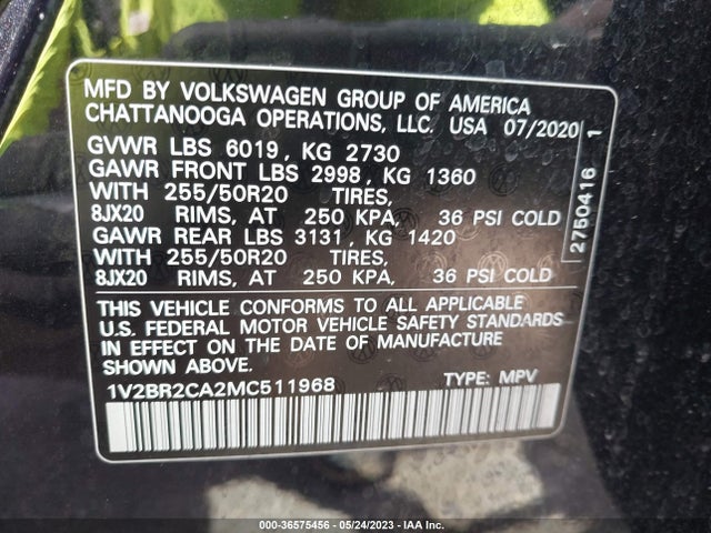1V2BR2CA2MC511968 Volkswagen Atlas 3.6l V6 Sel