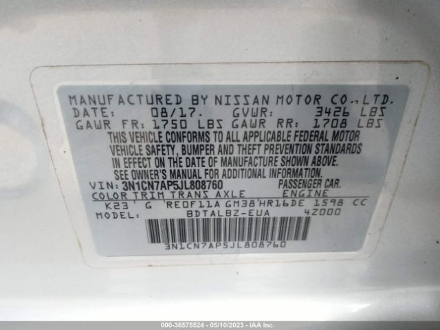 3N1CN7AP5JL808760 Nissan Versa Sedan Sv
