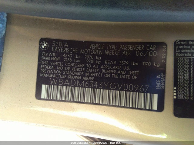 2000 BMW 5 SERIES 528IA VIN: WBADM6343YGV00967