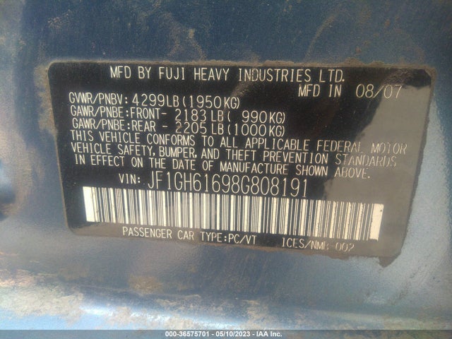 2008 SUBARU IMPREZA WAGON I VIN: JF1GH61698G808191