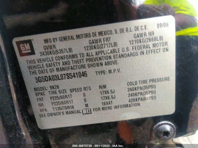 2007 BUICK RENDEZVOUS CX VIN: 3G5DA03L07S541046