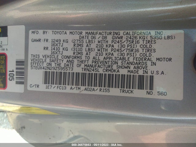 2009 TOYOTA TACOMA VIN: 5TEUX42N29Z595573