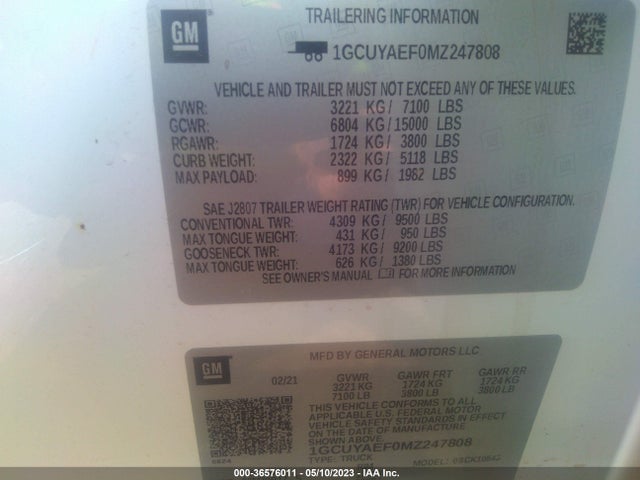 2021 CHEVROLET SILVERADO 1500 WORK TRUCK VIN: 1GCUYAEF0MZ247808