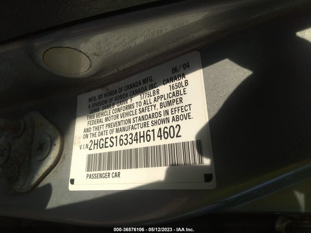 2004 HONDA CIVIC VP VIN: 2HGES16334H614602