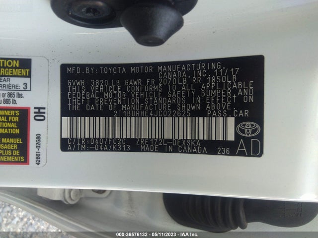 2018 TOYOTA COROLLA L/LE/XLE/SE/XSE VIN: 2T1BURHE4JC022625