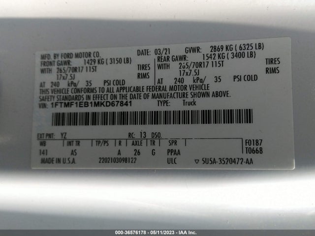2021 FORD F-150 XL/XLT VIN: 1FTMF1EB1MKD67841