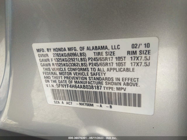 2010 HONDA PILOT EX-L VIN: 5FNYF4H64AB038187