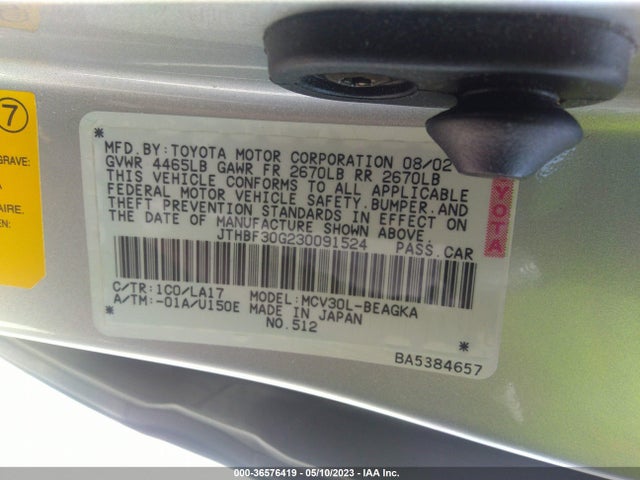 2003 LEXUS ES 300 VIN: JTHBF30G230091524