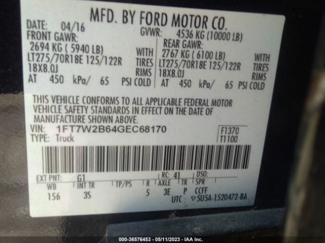 1FT7W2B64GEC68170 Ford Super Duty F-250 Srw Lariat/platinum