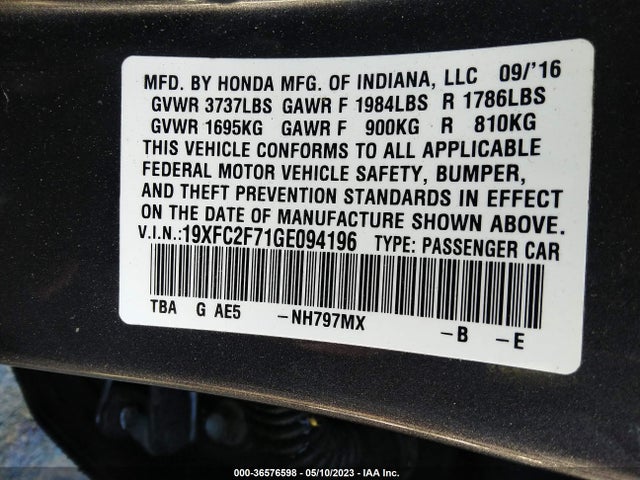 2016 HONDA CIVIC SEDAN EX VIN: 19XFC2F71GE094196