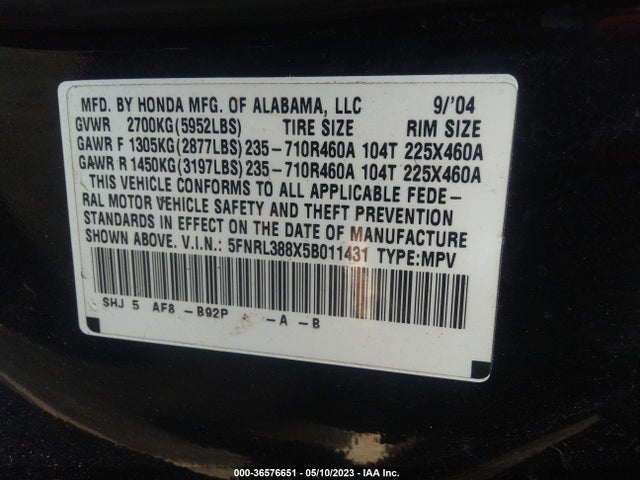 2005 HONDA ODYSSEY TOURING VIN: 5FNRL388X5B011431