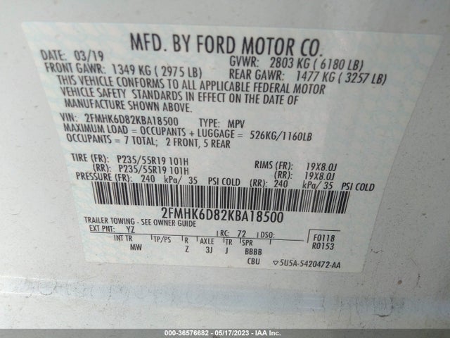2019 FORD FLEX LIMITED VIN: 2FMHK6D82KBA18500