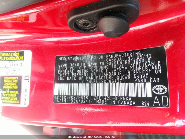 36576793 :رقم المزاد ، 2T1BU4EE9CC864371 vin ، 2012 Toyota Corolla L/le/s مزاد بيع